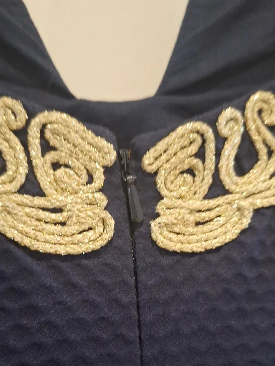 Lilly Pulitzer Navy Shift Dress with Gold Lace V-Neck Trim Size 16 - Picture 5 of 10